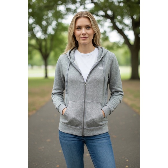 PINK Victoria's Secret Tops - VTG"PINK" Victorias Secret Grey Metallic Sequin Heart Full Zip Hoodie Medium Y2K